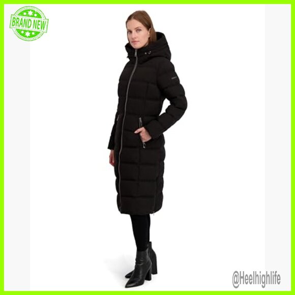 Long Stretch Maxi Puffer Jacket with Hood, PU Trim, Side Zippers - Picture 2 of 5